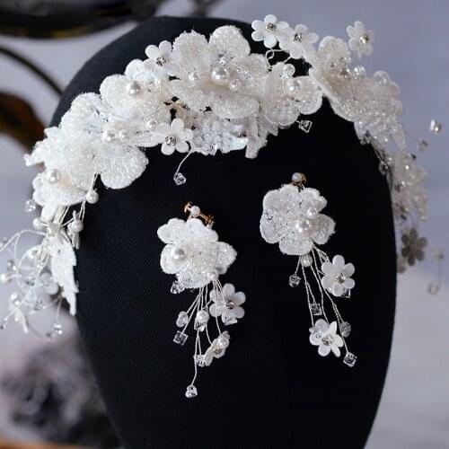 Sweet White Flwoer Brides Tiara Headbans with Earring Crystal Handmade Princess Wedding Headbands Bridal Hair Accessory