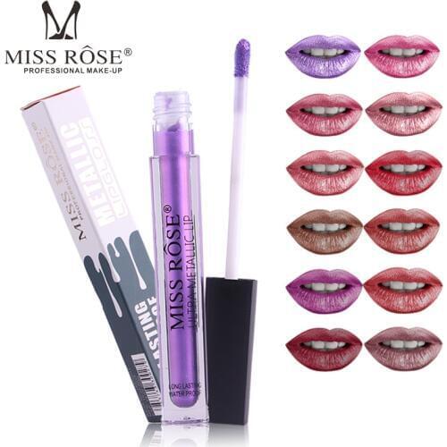 MISS ROSE 12colors Metallic Shimmer Lip gloss Liquid Waterproof Sexy Glitter Lipgloss Batom Moisturizer Makeup Lipstick Cosmetic