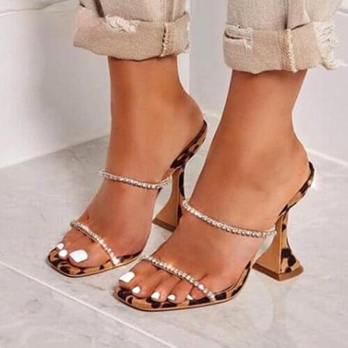 2021 New Fashion Women Rhinestone Slippers Sandals Strange Cup Heels Sexy Leopard Print Square Toe Ladies Dress Shoes