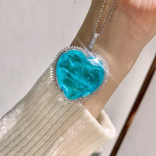 QTT New Arrival Paraiba Tourmaline Gemstone Pendant Necklace Luxury Huge Heart Jewelry 925 Sterling Silver Wedding Accessories