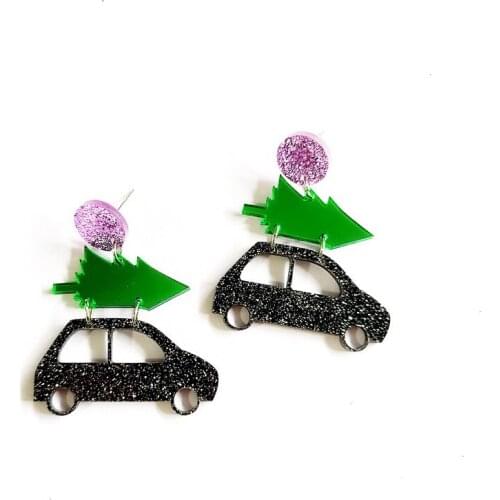 Christmas Tree Acrylic Earrings Cute Truck Cartoon Shiny Glitter Powder Creative Harajuku Earrings For Women Fashion Jewelry New