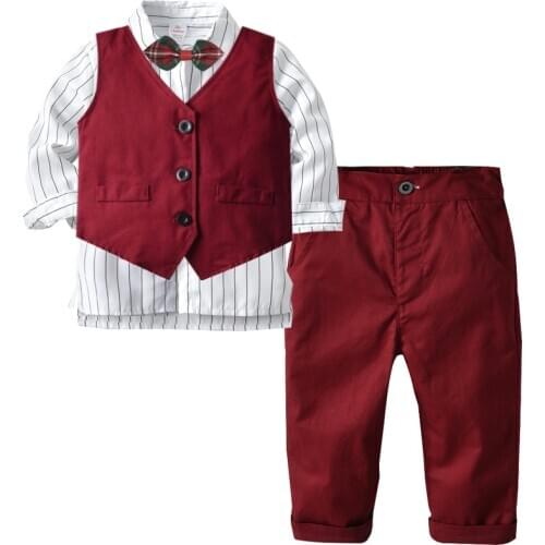 2021 New Red Wine Shirts Vest Pant 3 Pieces Sets Boys Suits Blazers Clothes Wedding Formal Birthday Party Kids Costume Gentleman