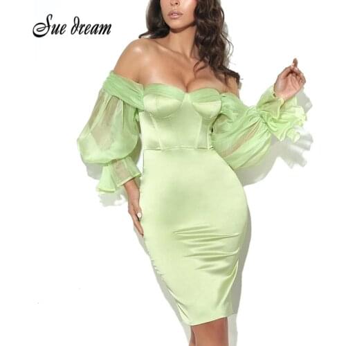 Sexy Off Shoulder Mesh Long-sleeved Green and Knee-length Dress 2021 Summer New Womens Fashion Club Party Dress Vestido