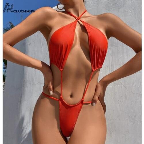 Sexy Thong Bikini Hollow Out Beachwear Backless Bandage Crisscross One Piece Sets Swimsuit Women Swimwear Female Padded Bather