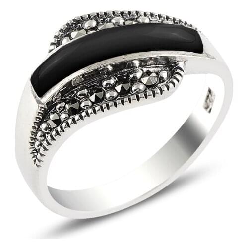 Silver 925 Sterling Onyx & Marcasite Ring