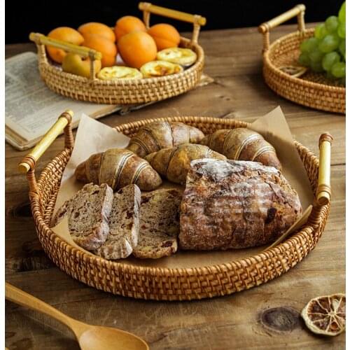 Japanese woven fruit tray household bread and bun storage basket double handle snack breakfast rattan round tray plateau