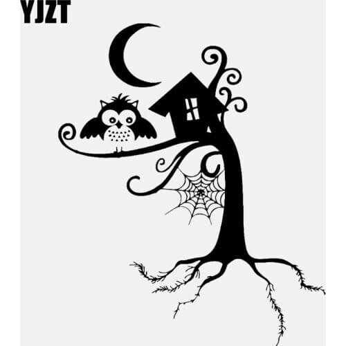 YJZT 13.6CM*16.4CM Forest Spider Web Owl Night Moon Vinyl Black/Silver Car Sticker C22-0962