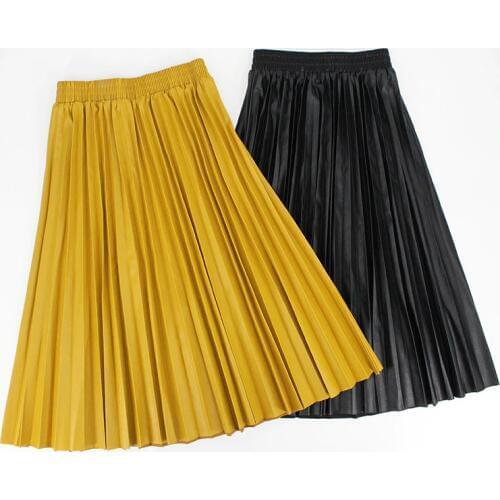 Autumn Winter Women Skirts Pleated Leather Skirt High Waist Elastic Waist a Line Knee Length Womens Skirt Faldas Mujer