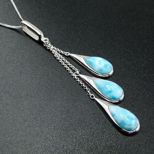 Blue Larimar Jewelry 925 Sterling Silver Natural Larimar Three Stone Womens Long Drop Pendant Necklace For Gift