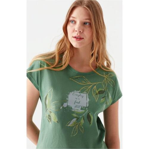 Womens Green Leaf Printed T-Shirt Casual Sports Casual Wear New Fashion Summer Clothes Teen Design Dresses