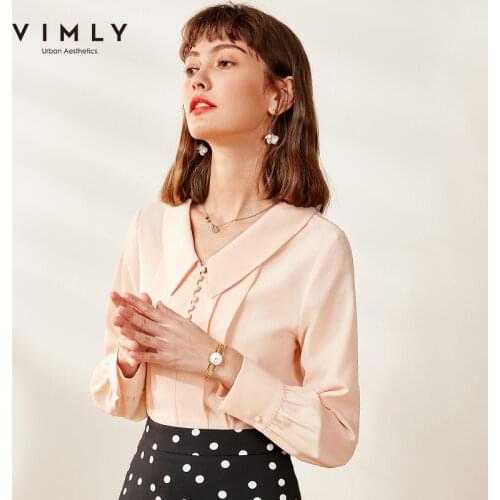 Vimly Vintage Women Blusas Office Lady Elegant Peter pan Collar Pleated Solid Loose Women Clothing Female Chiffon Shirts F0016