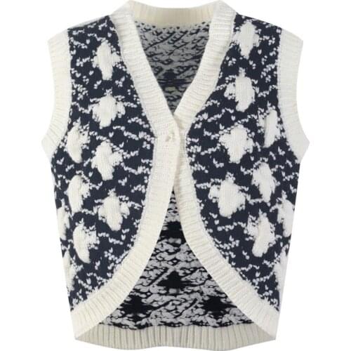 Ladies Sweater Vest Catwalk Fashion Retro Knitted Vest Floral V-Neck Sleeveless Cardigan Top 2021 Early Autumn High Street New