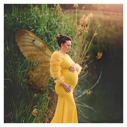 New Fashion Yellow Tulle Ruffles Sleeves Long Mermaid Dress For Pregnant Women Elegant Maternity Gowns Custom Made