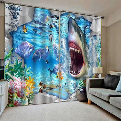 3D Curtains shark Photo Curtains For Living Room Bedroom Hotel Office Home Trendy Kids Room Curtain Drapes Blackout
