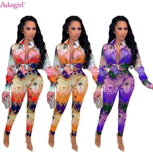 Adogirl Luxury Print Two Piece Set Women Suit Long Sleeve Shirt Top Pencil Pants Fashion Casual Tracksuit Female Fall Clothing