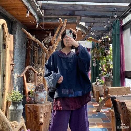 Women Loose Patchwork Linen Blouse Ladies Vintage Flax Short Tops Female O neck Short Shirt Spring Summer Plus Size Tops