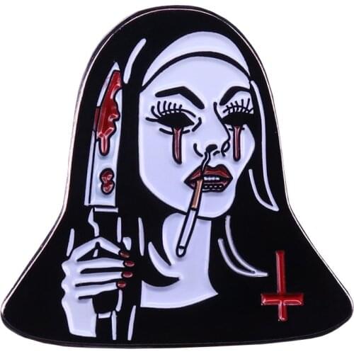 Nasty Habit Brooch Smoking Nun Holding Knife With Blood Pin Horror Movie Inspried Jewelry