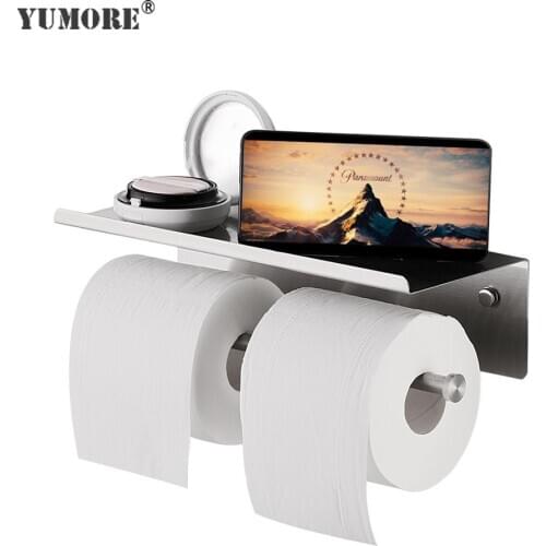 YUMORE Stainless Steel Double Roll Paper Holder Wall Mounted Bathroom Accessories Phone Rack Toilet Shelf Space Storage Shelf