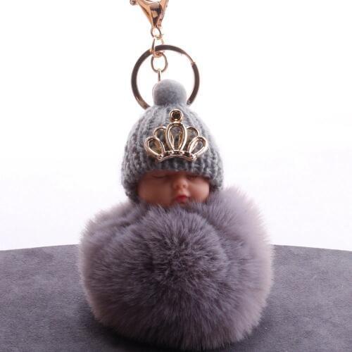 DIEZI Fake Rabbit Fur Ball KeyChain Pompom Crown Sleeping Baby Key Chain Pom Pom Key Rings Ballet Girl Women Bag Jewelry