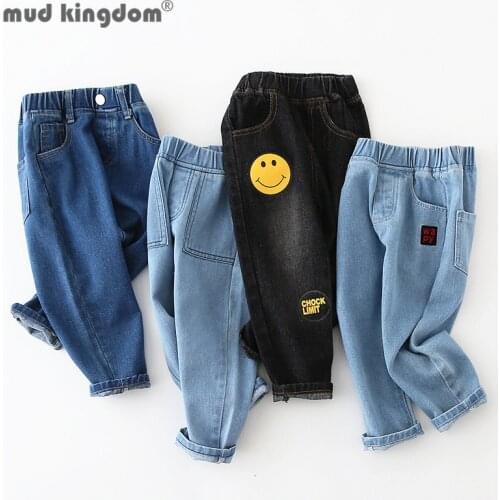 Mudkingdom Kids Denim Pants Loose Fit Pull On Solid Smiley Casual Jeans Children Clothing for Toddler Spring Autumn Trousers