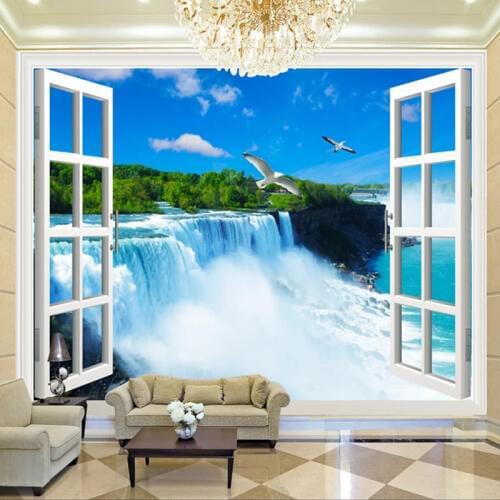 Custom Photo Wallpaper 3D Window Waterfalls Landscape Nature Murals Wall Cloth Living Room Bedroom Backdrop Wall Papel De Parede