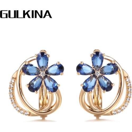 Gulkina Trend Blue Natural Zircon Flower Stud Earrings for Women Wedding 585 Rose Gold Earrings Fashion Vintage Jewelry