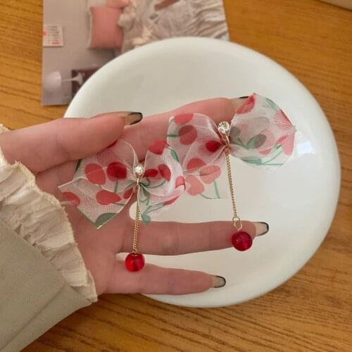 Sweet Fabric Bow Knot Red Crystal Drop Earrings for Women Girl Fashion No Piercing Clip On Earrings Female Wedding Party Jewelry