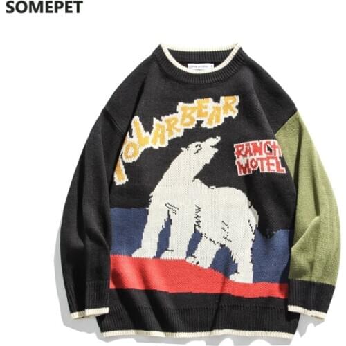 Men Sweater Funny Polar Bear Pattern Hip Hop Streetwear Acrylic Harajuku Sweter Oversize Pullover O-neck Autumn Male Sweaters