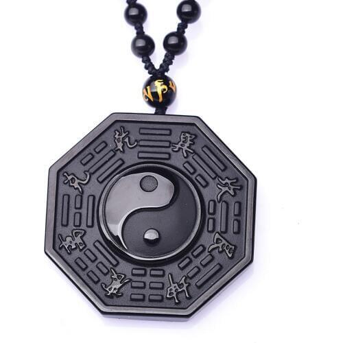 Wholesale 100% natural Black Obsidian Carving Dragon and Phoenix Necklace Eight-Diagram tactics Tai Ji Carved pendnant