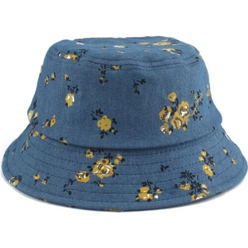 2021 New Foldable Fisherman Hat Flower Print Denim Bucket Hats Fashion Bob Femme Hip Hop Gorros Men Women Panama Bucket Cap