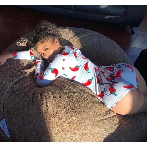 Sexy Deep V Neck Pajamas Bodysuit Jumpsuits Women Print Homewear Long Sleeve Button Bodycon Stretch Casual Leotard Sleepwear