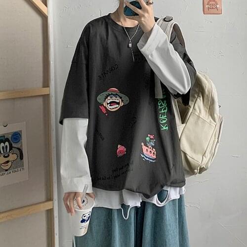 Prowow Spring Autumn Tshirt Men T Shirt Couple Long-sleeved Fake Two-piece T-shirt Loose Korean Hip-hop Hong Kong Style T-shirt