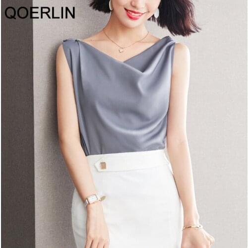 QOERLIN Sleeveless Tank Tops Women 2021 Summer Heavy Plain Crepe Satin Camisole Elegant Loose Pleated Chiffon Shirt Vest T-Shirt