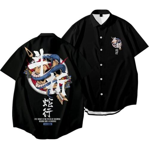 Summer Men Loose Casual Short Sleeve Shirt Mens Stand Collar Shirts Hawaii Black Print Beach Shirt Streetwear