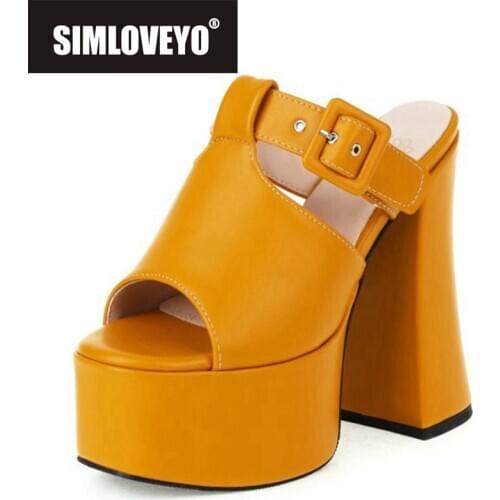 SIMLOVEYO New 2021 Women Sandals Square Toe 15cm High Block Heels Patent Leather Buckle Slip-On Punk Cool Big Size 46 B2490