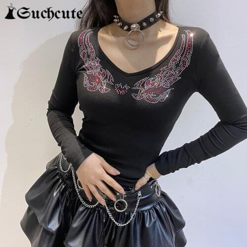 SUCHCUTE Rhinestone Gothic Clothes Women T-Shirts Harajuku Long Sleeve Dark Academia Slim Clubwear Tops Vintage Casual 90s Tee