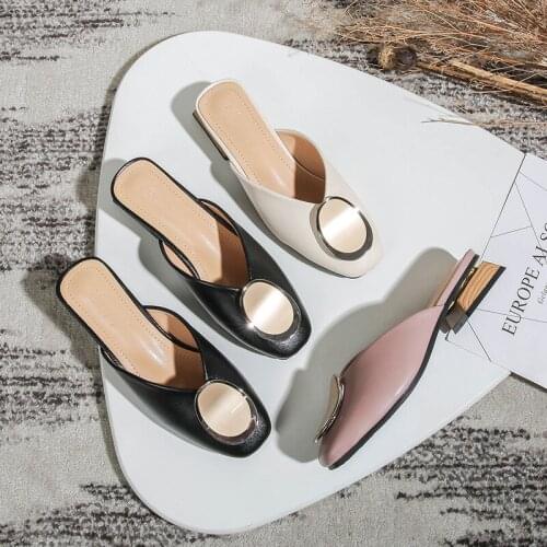 Famous brand buckle decoration slippers women square toe high quality leather slides designer strange wood heels mules slipper