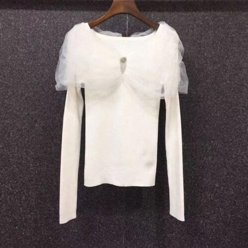 High Quality Knitted Sweaters 2021 Autumn Winter Jumpers Women Sexy Tulle Mesh Beading Deco Long Sleeve Black White Pullovers