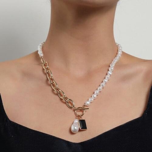 Punk Asymmetrical Thick Chain Baroque Pearl Black Gem Pendant Necklace Women Geometric Clavicle Necklace Colar Jewelry Gift