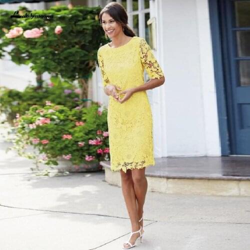 Abiti da Cocktail Yellow Lace Dress Women Short Evening Night Party 2020 Vintage Mother of The Bride Dress with Half Sleeve