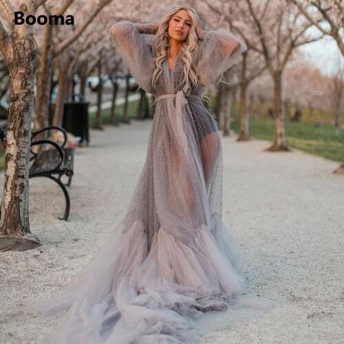 Booma Gray Pearls Tulle Maternity Dresses Long Sleeves See-through Tiered Party Gowns Photoshoot Baby Shower Robe Plus Size
