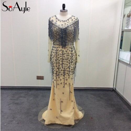 SoAyle Luxury Beaded Crystals Evening Dress O-neck Long Sleeve Mermaid Tassel Dress Plus Size Arabic Dubai Dresses