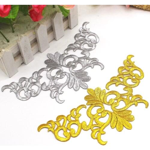 Gold Appliqued Iron On Flower 10 Pcs Vintage Diy Trims Shiny Metallic Embroidered Patches Gold And Silver 20cm*9.5cm