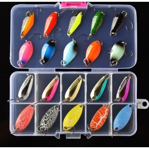 15/20pcs Trout Spoon Lure Set Mixed 2.5g 3g 4.5g 5g Box Artificial Hard Bait Fishing Lure Set Metal Spoon Baits for Freshwater