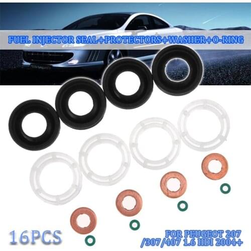 16PCS #1314368 1233683 Car FUEL INJECTOR SEAL+PROTECTORS+WASHER+O-RING FOR PEUGEOT 207/ 307/ 407 1.6 HDI 2004 198299