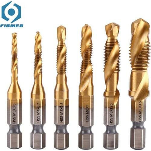 6pcs Titanium Plated Hex Shank HSS Screw Thread Metric Tap Drill Bits Screw Machine Compound M3 M4 M5 M6 M8 M10 Hand Tools