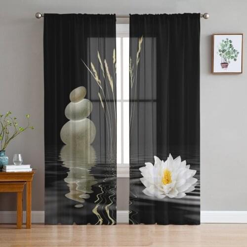 White Flower Plant Stone Water Wave Black Tulle Curtains for Living Room Decoration Chiffon Sheer Voile Kitchen Bedroom Curtain