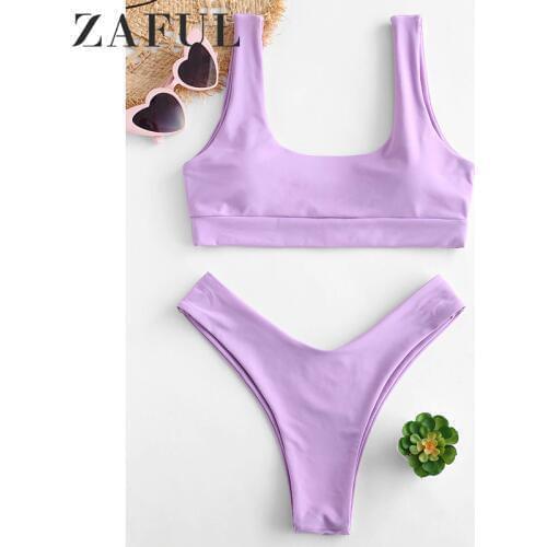 ZAFUL Bikini Women Padded High Leg Bikini Set Sexy Solid Low Waist Swimsuit Scoop Neck Swimwear Summer Push Up Bathing Suit