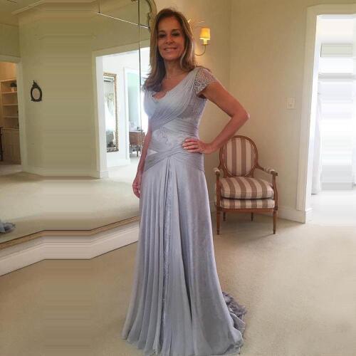 Elegant Double V-neck Mother of the Bride Dresses Cap Sleeves robe mere de la mariee Lace Evening Gowns vestido de madrinha