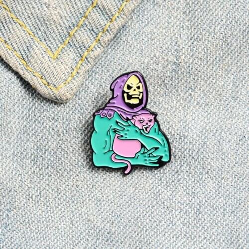 Punk Skeletor purple hood Enamel Pins Skull and Cat Brooch Backpack Clothes Button Badge Gothic Jewelry Gift for friends